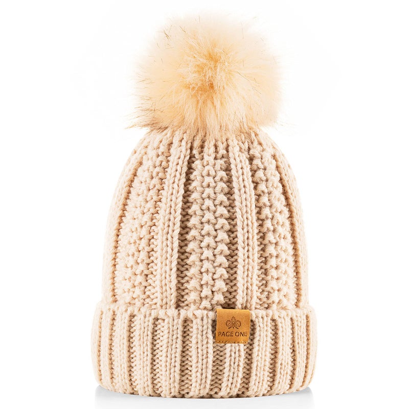 PAGE ONE Womens Winter Thick Cable Knit Beanie Faux Fur Pom Hat Fleece Lined Skull Cap Beige - Image 1